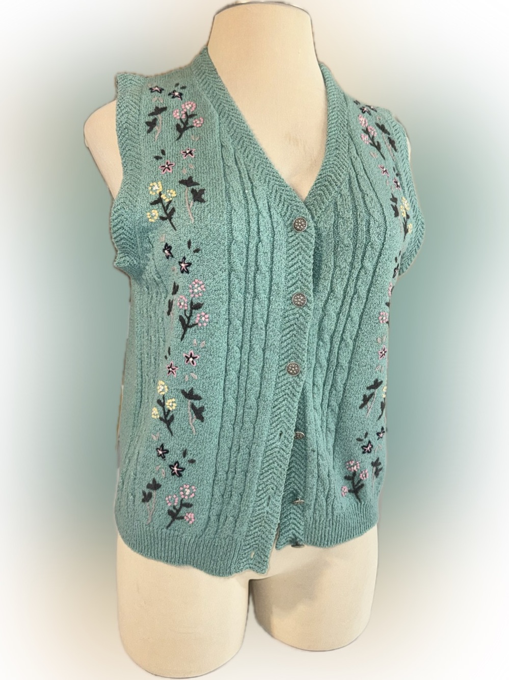Women’s Vintage Northern Reflections Teal Floral Cable Knit Embroidered Vest